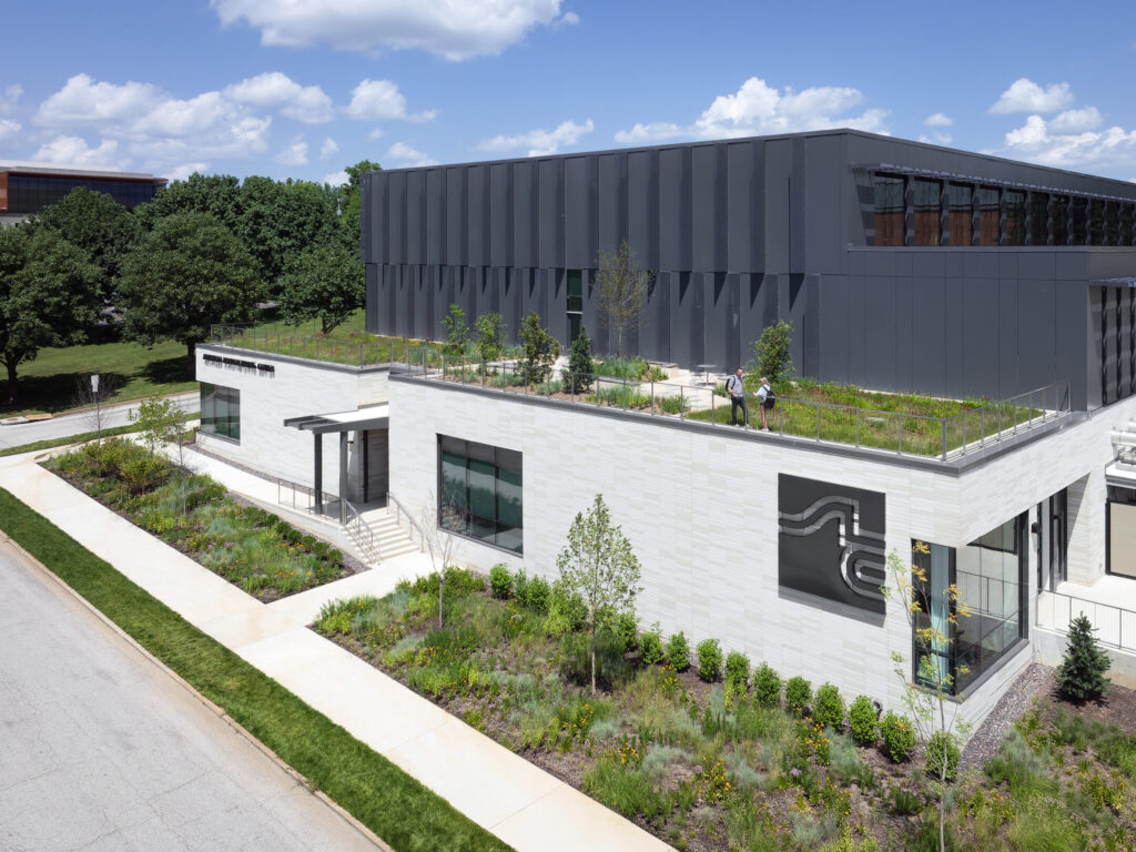 Exterior drone image of STLCC AMC's green space